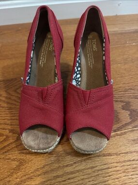 Toms Red Canvas Peep-Toe Wedge Espadrilles